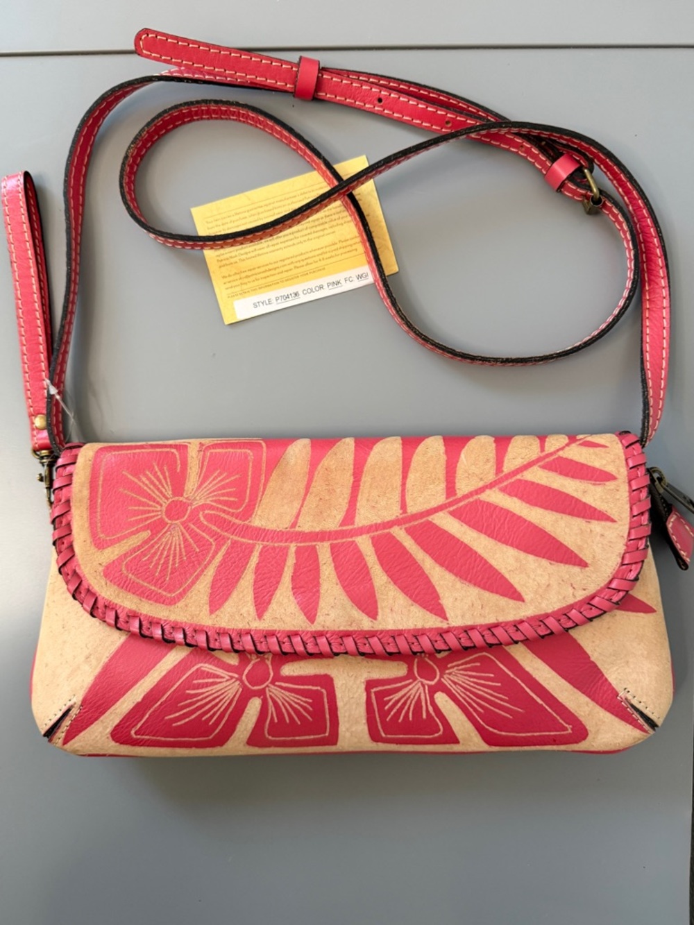 Patricia Nash Cuban Carved Leather Pink Baku Crossbody Wristlet Bag